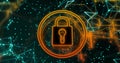 Securing orange padlock glowing within circular ring, scanning turquoise network nodes Royalty Free Stock Photo