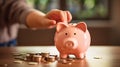 Securing Tomorrow: Child Deposits Coins into Pink Piggy Bank. Generative ai