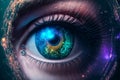 Close up on eye scan technology. Digital information data eye sight. Cyber security identity verification. Generative AI Royalty Free Stock Photo