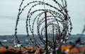 Security with a barbed wire spiral wound on the fence. Royalty Free Stock Photo