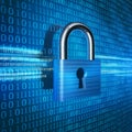 Security breach Blue binary code backdrop with open padlock, highlighting vulnerability Royalty Free Stock Photo