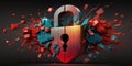 Security breach, system hacked, internet cyber attack alert with red broken padlock icon showing unsecured data, vulnerable access Royalty Free Stock Photo