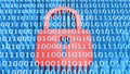 Security business concept - red closed padlock embedded in a binary code surface in bright blue color Royalty Free Stock Photo