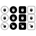 Security button set with lock icons. Collection of open and closed padlocks for access control, login screens