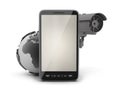 Security cam, earth globe and cell phone Royalty Free Stock Photo