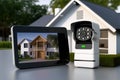 Security camera alarm system with security guard monitoring app on tablet. Remote controlled home alarm system concept.