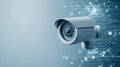 A security camera with a blue and white background, with digital particles flowing around the camera Royalty Free Stock Photo