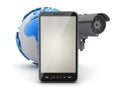 Security camera, cell phone and earth globe Royalty Free Stock Photo