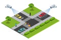 Security camera detects the movement of traffic. CCTV security camera on isometric of traffic jam with rush hour