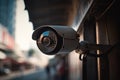 Security camera on a modern building. Professional video surveillance cameras on the wall in the city. Generative AI Royalty Free Stock Photo