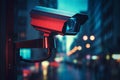 Security camera on modern building in rainy weather at night. Professional surveillance cameras. CCTV in the city. Security system Royalty Free Stock Photo