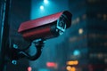Security camera on modern building in rainy weather at night. Professional surveillance cameras. CCTV in the city. Security system Royalty Free Stock Photo