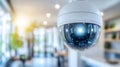 Security camera monitoring modern blurred office with network effect Royalty Free Stock Photo