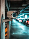 Security camera monitors parking garage in urban setting at night Royalty Free Stock Photo
