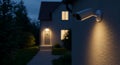 Security camera mounted on an exterior wall, illuminated by a light, with a two-story Royalty Free Stock Photo