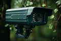A security camera is mounted among green leaves, surveilling the area with its unblinking lens. This image portrays the