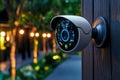 Security camera mounted on outdoor wall at night, capturing footage of well-lit pathway surrounded by lush greenery in a modern Royalty Free Stock Photo