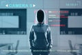 Security camera not recognizing hacker in hoodie standing in blurry office interior. ID, scanning, data theft and cctv concept. Royalty Free Stock Photo