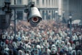Security camera over busy city square using facial recognition technology to monitor the pedestrians. Generative AI illustration Royalty Free Stock Photo
