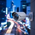 Security camera overlooks vibrant cityscape, blurred lights evoke dynamic urban scene Royalty Free Stock Photo