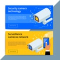 Security camera promo web banner ad. Video surveillance equipment promotion advertisement layout. CCTV device with wireless Royalty Free Stock Photo