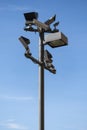 Security camera on the public road. Video surveillance and lighting systems.Surveillance with security cameras on the street for Royalty Free Stock Photo