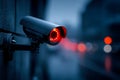 Security camera with red indicator light in an urban environment at dusk Royalty Free Stock Photo