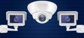 Security camera set. Wall and ceiling mount CCTV surveillance system on blue background. Front view Royalty Free Stock Photo