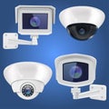 Security camera set. Wall and ceiling mount CCTV surveillance system on blue background Royalty Free Stock Photo