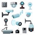 Security camera vector cctv control safety video protection technology system illustration set of privacy secure guard Royalty Free Stock Photo