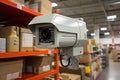 A security camera in warehouse. Many shelves and boxes on background