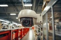 A security camera in warehouse. Many shelves and boxes on background