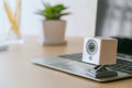 Security camera on Wood table. IP Camera Royalty Free Stock Photo
