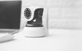 Security camera on Wood table. IP Camera Royalty Free Stock Photo