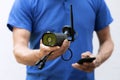 Security cameras and cctv services - technician with ip camera in hand Royalty Free Stock Photo