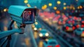 Security CCTV camera has focus and recording lot of car on the road with traffic jam at night city Royalty Free Stock Photo