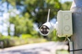 Security CCTV camera surveillance system outdoor of house. A blurred night city scape background. Modern CCTV camera on a wall. Eq Royalty Free Stock Photo