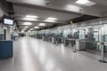 security checkpoint, with security officers and metal detectors, in empty airport terminal