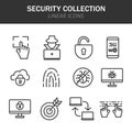 Security collection linear icons in black on a white background