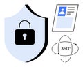 Digital security concept a shield with a padlock, ID card, and 360-degree element for identity protection and safe data Royalty Free Stock Photo