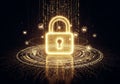 Security Glowing Padlock Digital Data Protection Concept with Abstract Cyber Network and Flowing Binary Code on a Dark Background Royalty Free Stock Photo