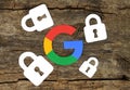 Security concept with Google icon and locks printed on paper and placed on old wooden background