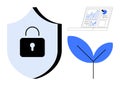 Security Concept with Lock Symbol on Shield Next to Analytics Dashboard and Leaf Icon Royalty Free Stock Photo