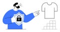 Man Holding Shield with Lock Symbol, Pointing at T-Shirt Outline and Puzzle Pieces Royalty Free Stock Photo