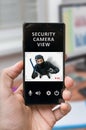 Security concept. Man holds smartphone with security camera view Royalty Free Stock Photo