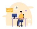 Security concept. Man programmer sitting at computer and coding database security software. Protecting data Royalty Free Stock Photo