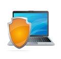 Security concept. Shield antivirus and laptop