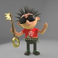 Security consious punk rocker holding a key, 3d illustration Royalty Free Stock Photo