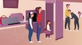 Security control in airport vector illustration. Passengers in queue pass metal detector frame. Guardian inspecting tourist with