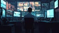 Security control room with multiple monitors displaying surveillance footage and data screens at night